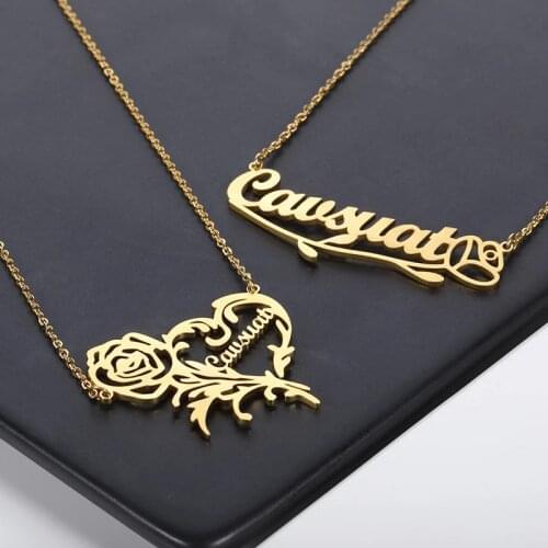 Personalized Romantic Rose Flower Heart Name Necklace Customized Nameplate Pendant Stainless Steel Necklace Women Jewelry Gifts