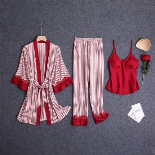 JULYS SONG High Quality Autumn Winter Warm Pajama Set 3 Peices Faux Silk Women Sexy Lace Robe Sleepwear Sleeveless Pink