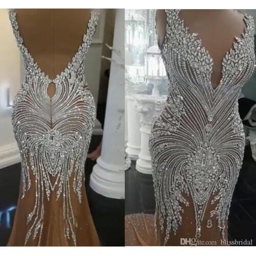 Crystal prom dresses 2021 mermaid deep v neck beading shinning mermaid beaded evening dresses gowns