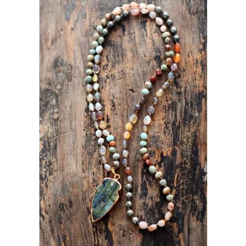 Boho Random Shape Natural Stone Strawberry Quartz Pyrite Labradorite Pendant Necklace Women Bead Lariat Necklaces Dropship