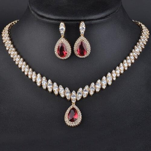 Top Design Elegant Austria Red Crystal Gold Color Romantic Necklace&Earrings Jewelry Sets Wedding Gift for Woman GLN0109