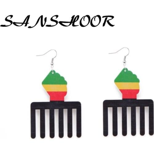 SANSHOOR Rasta Colorful Afro Comb Wooden Earrings With RBG Power Fist Pattern Women Dangle Earring 6Pairs