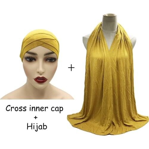 1 Set Muslim Jersey Hijab Scarf With Inner Cap Combination Solid Stretch Indian Hat Forehead Crossover Cap Womens Turban Shawl