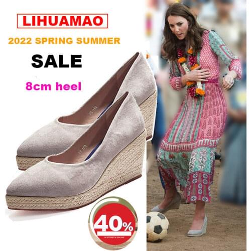LIHUAMAO Suede women wedge shoes pointed toe pumps high heels platform lady pumps party espadrilles shoes singback princess same