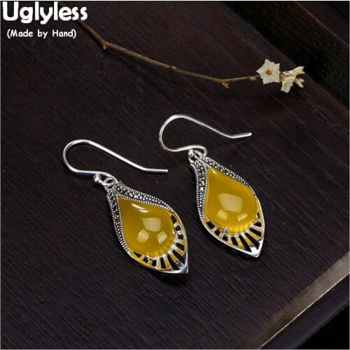 Uglyless 100% Real 925 Sterling Silver Handmade Water Drop Chalcedony Earrings for Women Fine Jewelry Hollow Brincos Bijoux Gems