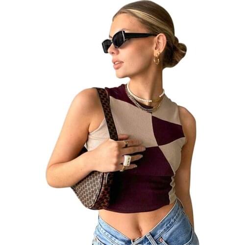 Women Y2K Retro Casual T-Shirts Patchwork Sleeveless Crop Top O-Neck Sleeveless Tank Tops For Daily Party Club Streetwear Summer