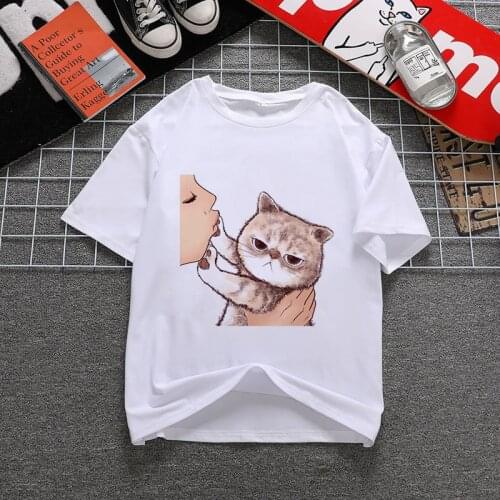Womens T-shirt 90s Ulzzang Harajuku Graphic Funny Cartoon shy cat Print T-shirt O Neck Casual Womens Top T-shirt