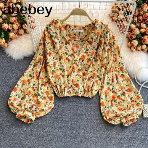2021 New Spring Autumn Korean V-neck Lantern Sleeve Shirt cross patchwork high waist pleated floral print short Shirt Top