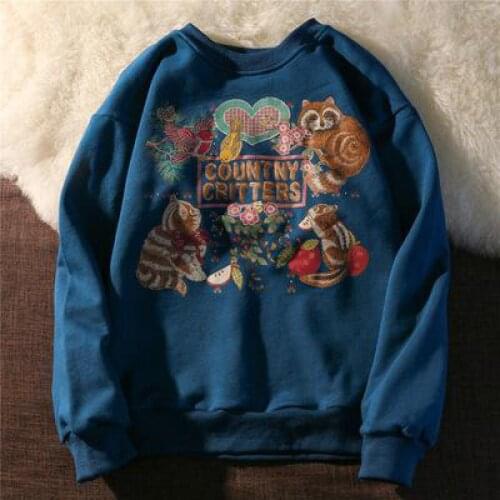 Ladies Hoodie Winter Cartoon Girls Loose Round Neck Printed Sweater Cardigan Long Sleeve Hoodie Womens Pullover Jacket