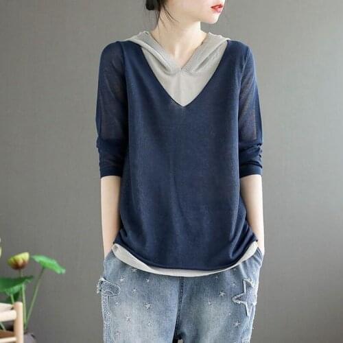 Vintage Fake 2 Pieces Knitted Hooded Women T-Shirts Autumn New 2021 Solid Loose Casual Female Pulls Tops Tees