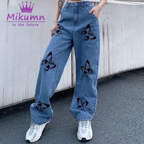 Woman Jeans Pants New 2020 High Waist Casual Denim Trousers Blue Butterfly Print Punk Streetwear Fashion Harajuku Straight Pants