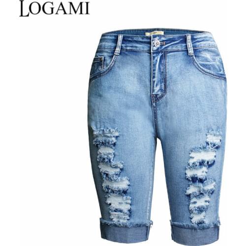 LOGAMI Stretch Ripped Jeans For Women Skinny Knee Length Jeans Woman Denim Jeans