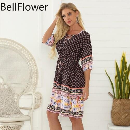 Boho Swing Dress For Women Sexy Chiffon Shirring V-Neck Bohemian Loose Half Sleeve High Waist Bandage Knee-Length Dropshipping
