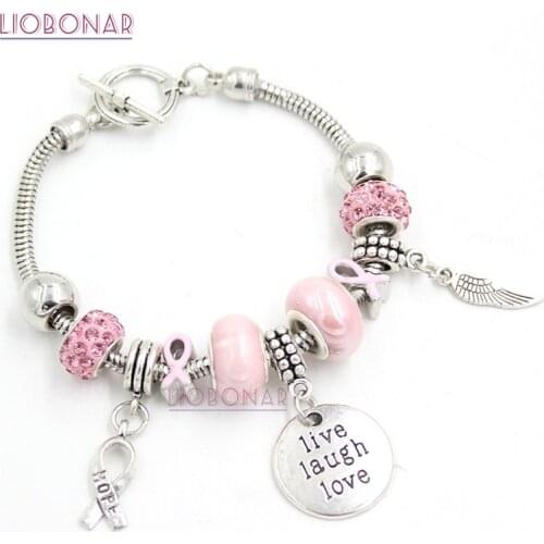 1PC Breast Cancer Awareness Bracelet Pink Ribbon Live Laugh Love Charms Bracelet For Breast Cancer Bijoux Pulsera