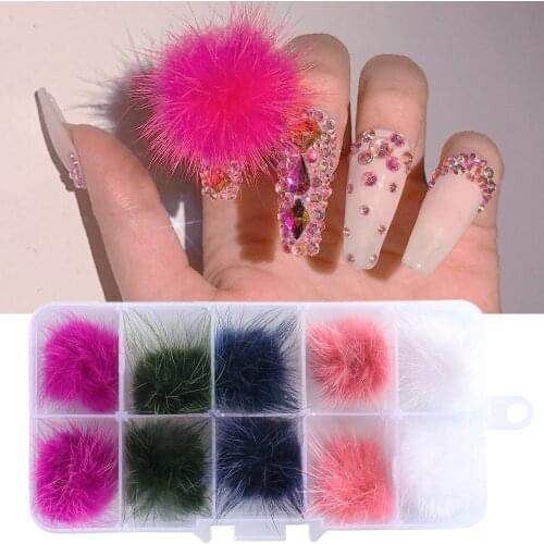 10pcs Plush Nail Pom Poms Cute Fur Fluffy Balls With Magnets Nail Charms Decorations Jewelry Manicure Kawaii Accessories CH1942