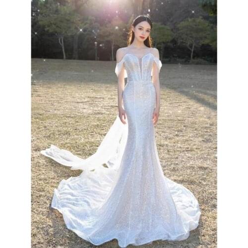 2021 Mermaid Light Wedding Dress Off The Shoulder Light Train New Bride Luxury Simple Boho Wedding Dress Vestido De Noiva