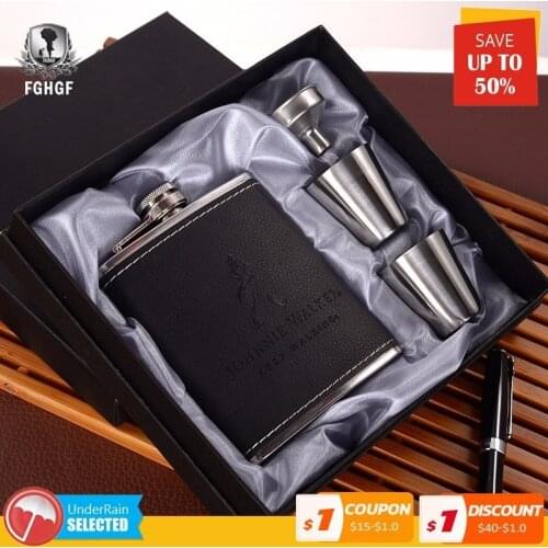 7 4PCS/set Oz Stainless Steel Leather Wine Whiskey Flask Hip Bottle Alcohol Cup Kettle Cups Funnel Mug For Travel Outdoor Gift