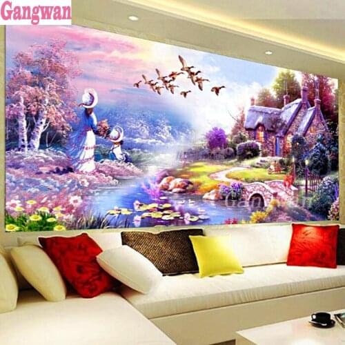 Full Drill Square Round Diamond Painting 5D Large size colorful village pink house scenery New Arrival Diamond Embroidery decor