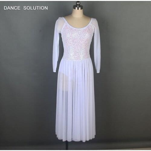 Long sleeve white sequin and mesh ballet dancing dress adult performance costume Lyrical and Contemporary dance dress 19615
