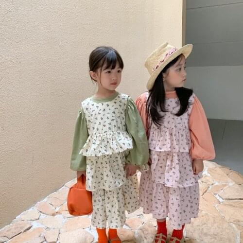 Childrens Suit Dress 2021 Autumn New Girls' Korean Sweet Cake Pleated Skirt Solid Color Top Suit Childrens Two Piece Set