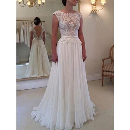 Elegant Beach Wedding Dress Scoop Cap Sleeve Bride Dress Chiffon Lace Backless Sweep Train Bridal Gowns Vestido De Noiva