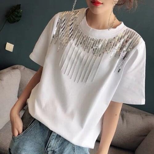 T-shirt Short-sleeved Womens Sequined Rhinestone Summer New Loose Korean T Shirt Black White Tees Fashion Tide Harajuku Tops
