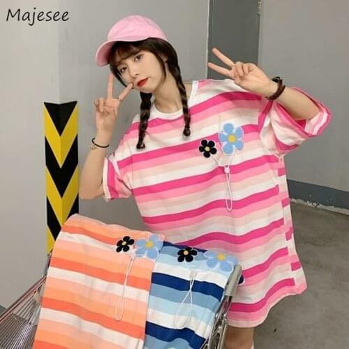 T-shirts Women Oversized Harajuku Half-sleeve Fashion Appliques 3-colors Striped Casual Streetwear Unisex Female Tops Couples
