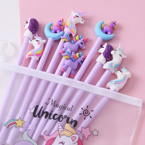 10Pcs / Set Gel Pen Cute Unicorn Kawaii Pony 0.5m Black Gel Ink Pen School Stationery Office Suppliers Student Cute Pens Gifts