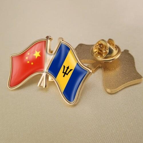 China and Barbados Crossed Double Friendship Flags Lapel Pins