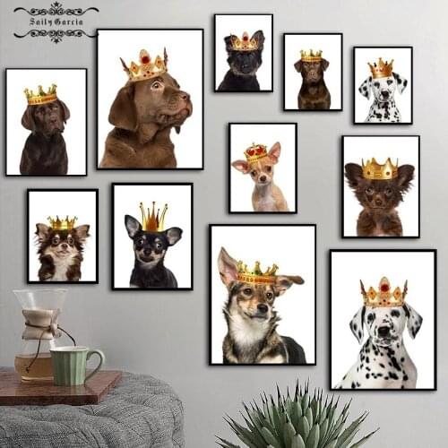 Crown Dog Wall Art Picture Minimalist Animal Canvas Poster Nursery Print Nordic Style Paintings for Kids Baby Room Home Decor