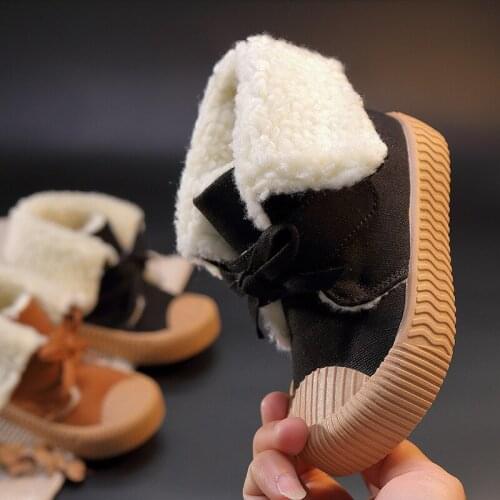 2021 Black Baby Kids Girls Winter Lamb Wool Lining Fashion Sneakers Shoes Children Turned-over Edge Canvas High Shoes Size 21-32