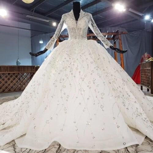 New Bridal Lace Ball Gown Wedding Dress 2021 V Neck Long Sleeve Beading Princess Cathedral Bride Dresses Vestido De Noiva