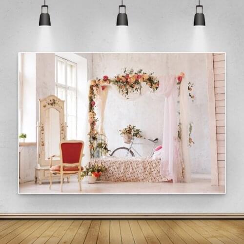 Laeacco Living Room Curtain Chair Window Bike Spring Flowers Interior Photographic Backdrops Photography Backgrounds Photozone