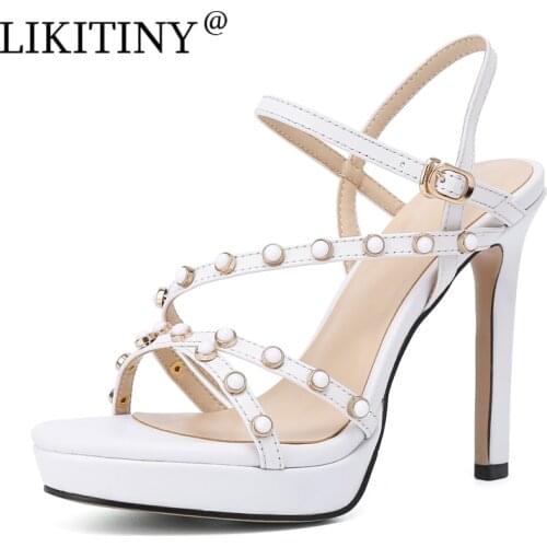 LIKITINY 2021 Summer platform high heels White yellow Rivets Sandals wowens shoes Stilettos heels Party shoes Womens shoes 33