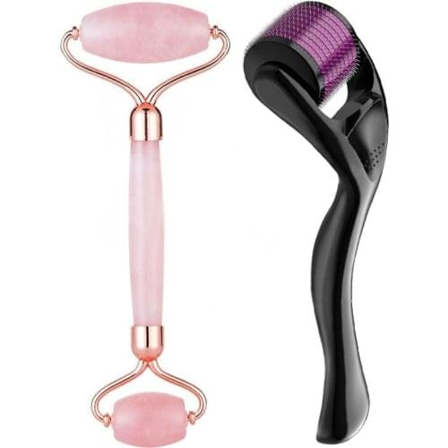 Facial Massage Rose Quartz Roller Powder Crystal Roller Jade Roller Scraper 0.3 MM Skin Roller Three-piece Beauty Face-lift Tool