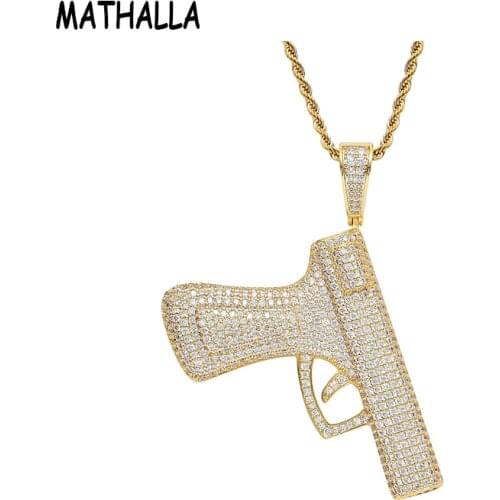 MATHALLA Bling Bling Pave CZ Pistol Necklace Iced Out AAA Cubic Zirconia Gun Pendant Gold Brass Gun Charm Hiphop Jewelry for Boy