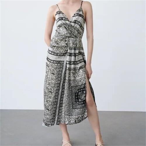 MESTTRAF Women 2021 Fashion Totem Printed Asymmetric Slit Midi Dress Vintage Backless Zipper Thin Straps Female Dresses