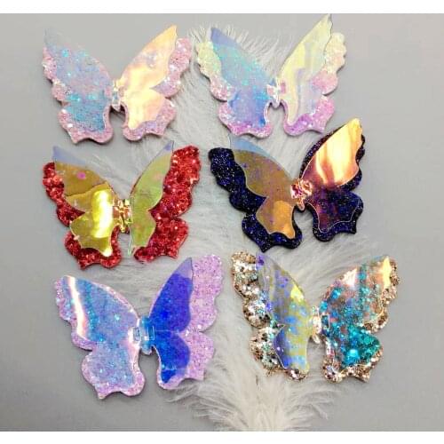 12pcs/lot Cute Double Layer Hair Bows Clips Standing Laser Butterfly Hairpins Glitter Fabric Hairgrips Princess Dance Headwear