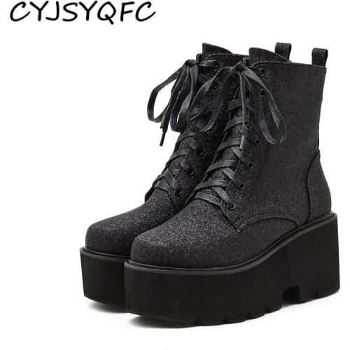 CYJSYQFC Fashion Bling Western Ankle Boots For Women Black Silver Chunky Heel Platform Woman Short Boots Punk Goth Lace Up Shoes