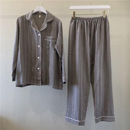 Autumn Winter Cotton Pajamas Women Long Sleeve Lapel Homewear Sweet Girl Check Pajamas Two Pieces Can Be Worn Outside пижам