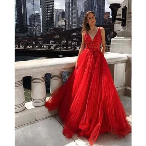 Amazing Red Tulle Long Prom Dresses Appliques Sleeveless Custom Made Bridal Gowns V-Neck evening dress