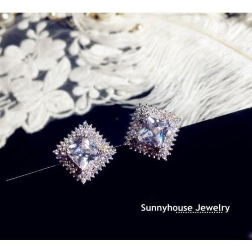 Luxury Women White Square Stud Earring With AAA Zircon Color Double Earrings For Women Fashion Jewelry gift