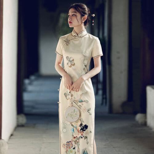 Traditional Chinese Cheongsam For Women Print Flower Slim Sexy Evening Party Vintage Handmade Button Qipao Vestidos Size S-XXL