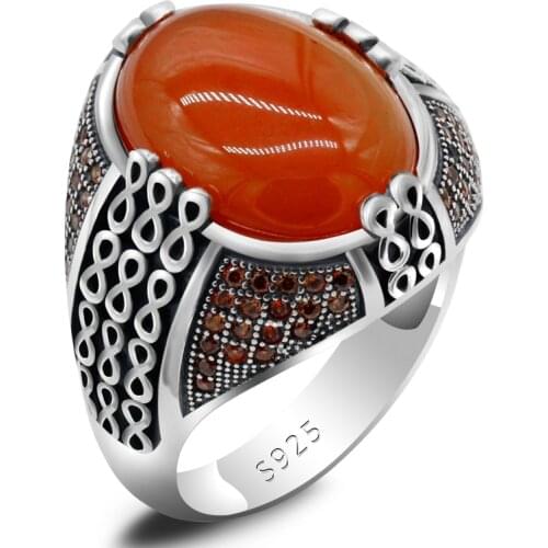 Solid 925 Silver Men RIng Retro Ancient Middle East Arabic Style Agate Stone Turkey Jewelry For Men Women Gift Wedding Gift