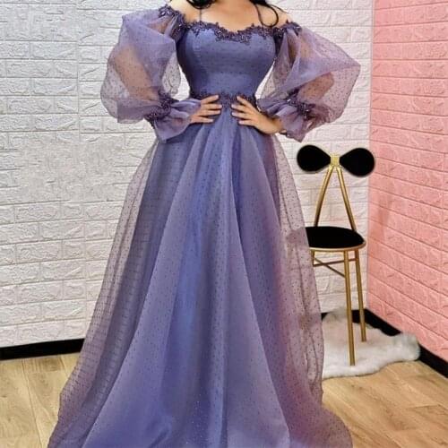 Long Puff Sleeve Evening Dresses Dots Tulle Applique Lace Prom Gowns Vestidos Princess A-Line Party Dress Robe De Soiree Vestido