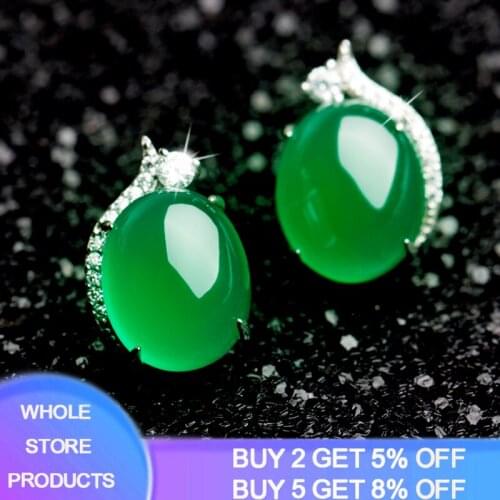 YANHUI Luxury Natural Green Agate Jasper Stud Earrings Genuine 100% 925 Sterling Silver Womens Earring Party Fine Jewelry E328