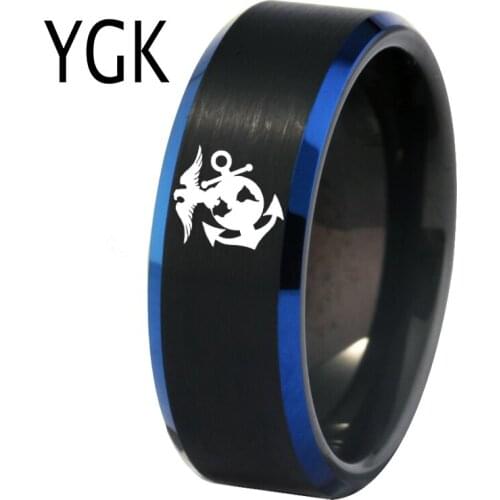 YGK Jewelry US Military Marine Ring Matte Black Blue Bevel Tungsten Ring Classic Mens Wedding Engagement Anniversary Gift Ring