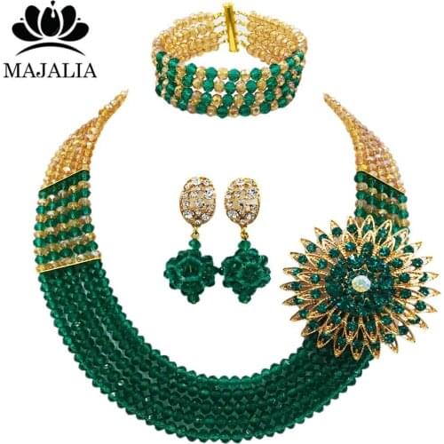 Majalia Fashion Nigerian Wedding African Beads Jewelry Set Gold ab and Green Beads Necklace Bracelet Earrings Jewelry Set 5EQ003