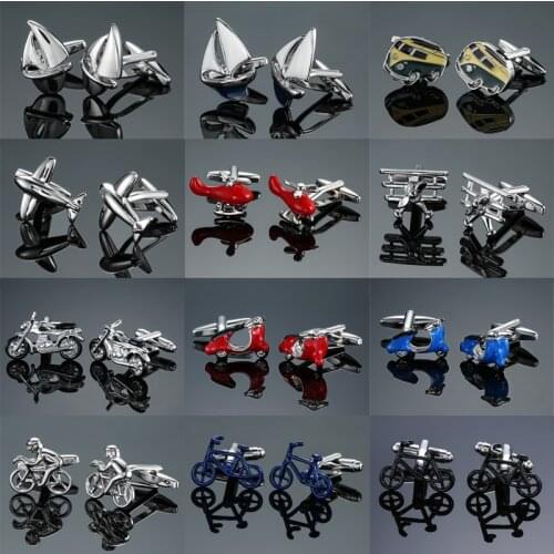 Novelty Transport Cufflinks High quality French Aircraft racing car Motorcycle Bicycle Sailboat compass Design cuff links