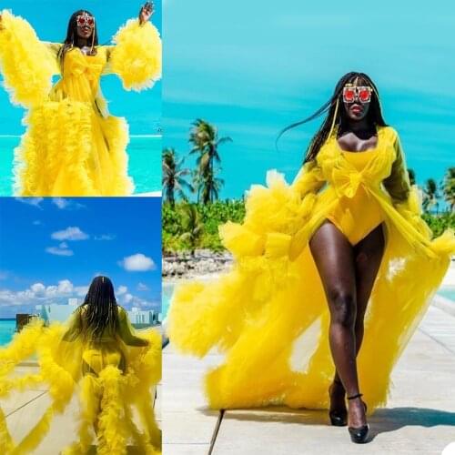 Yellow Evening Dresses Puffy Maternity Gowns Full Sleeves Extra Puffy See Through Women Dress Photography Long Robes Prom Gowns